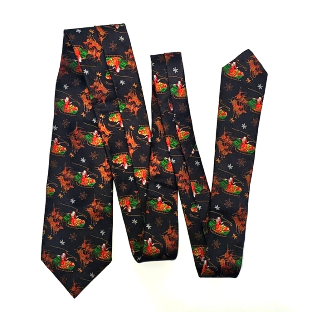 Vintage JZ Boulder Silk Tie Reindeer Santa Holiday Novelty Handmade USA Black